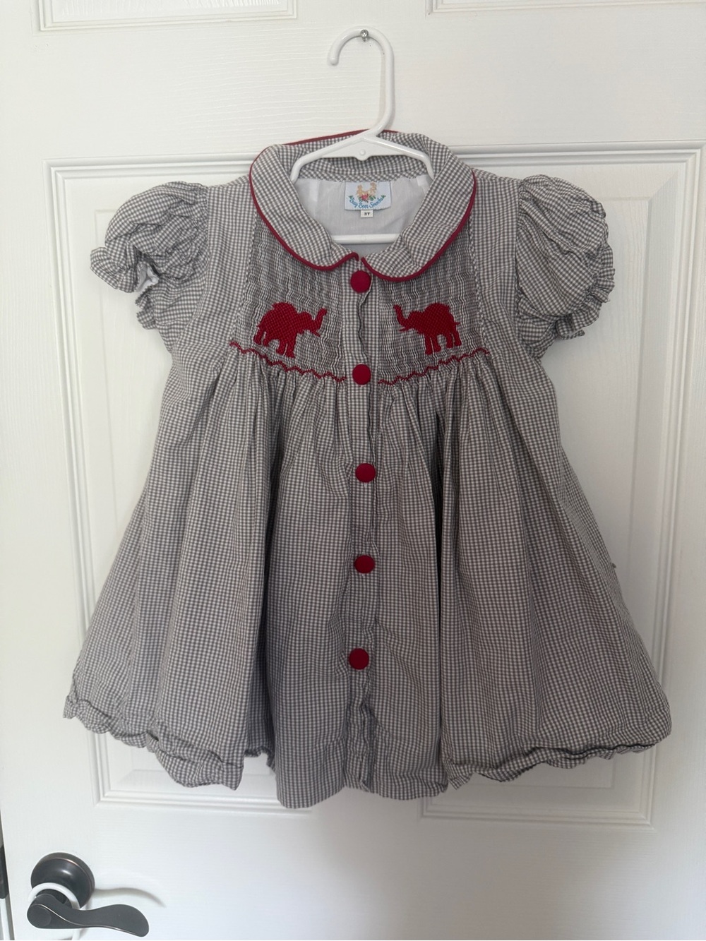 Girls Alabama Gray Gingham Dress with Red Elephant Appliqué - 3t